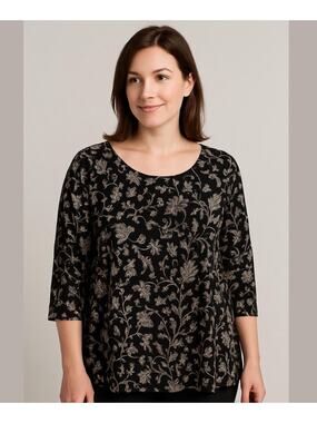 J. Jill Wearever Collection Black Floral Paisley 3/4 Sleeve Medium Petite Shirt
